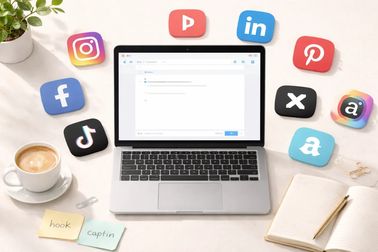 Laptop surrounded by social media icons and sticky notes showing best AI prompts for social media posts on a clean desk workspace