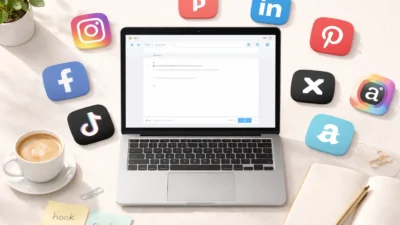 Laptop surrounded by social media icons and sticky notes showing best AI prompts for social media posts on a clean desk workspace