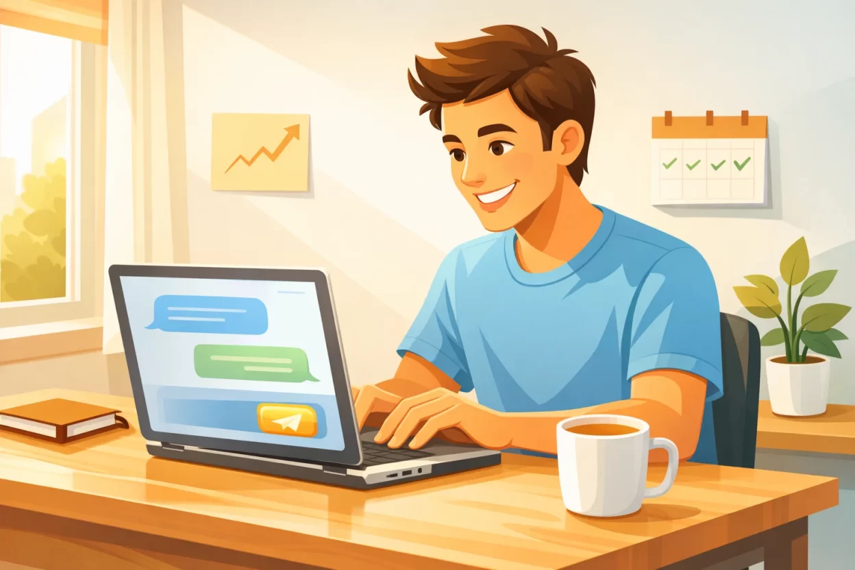 Freelancer using ChatGPT prompts to write a winning Upwork proposal on laptop at home desk