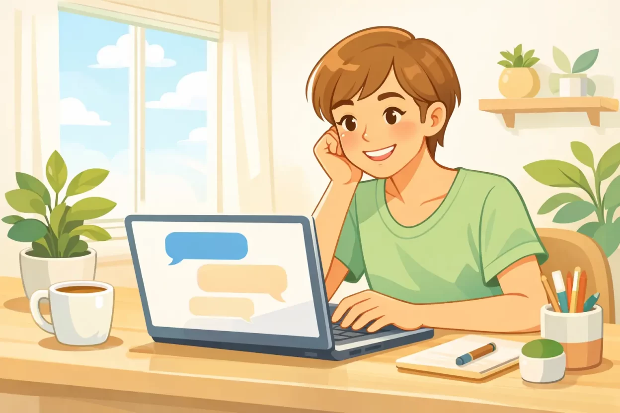 Person using ChatGPT therapist prompt on laptop for mental health support at a cozy home desk