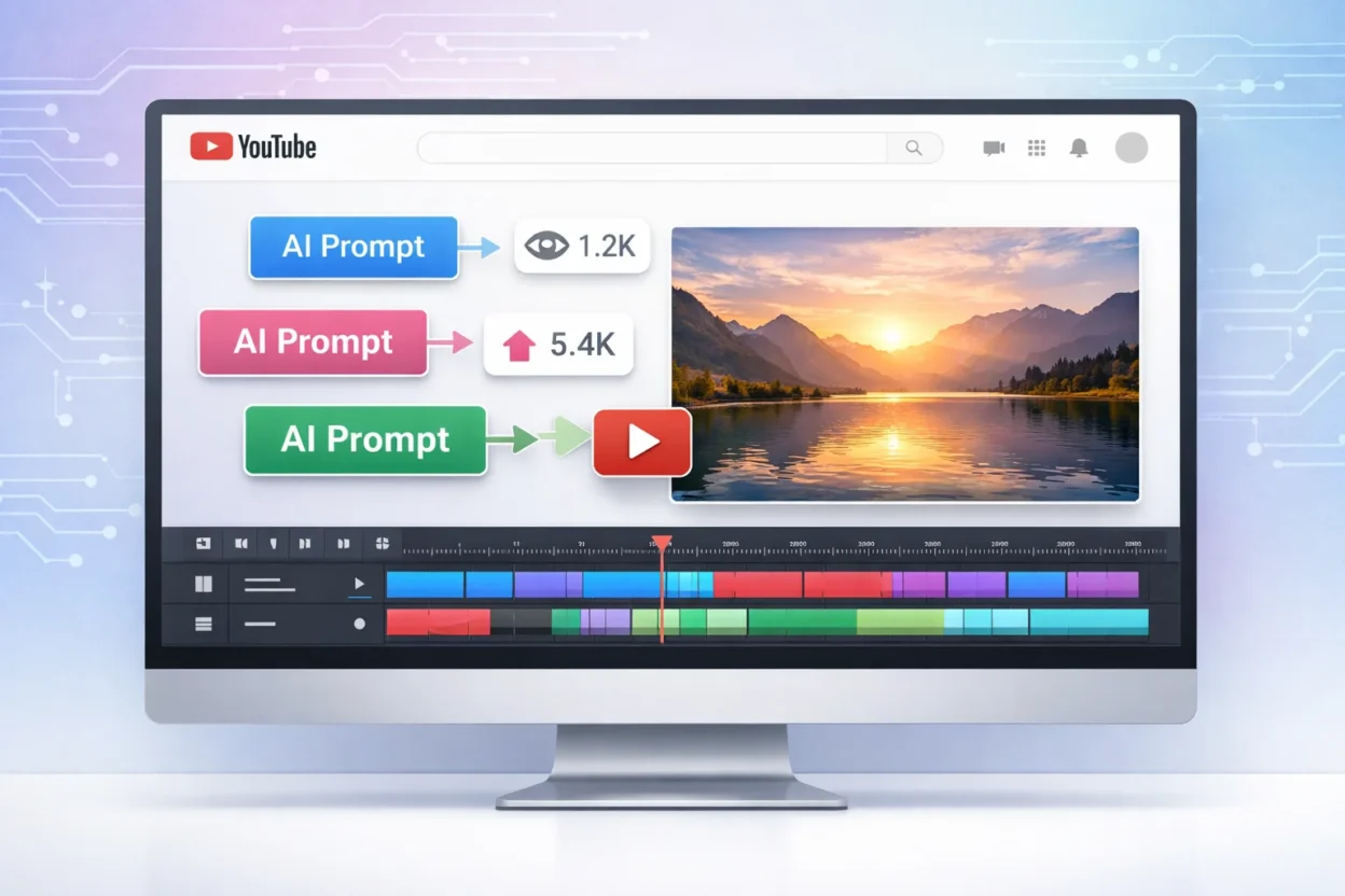 Computer screen showing YouTube interface with AI prompt templates for viral videos, floating text boxes, and upward trending arrows indicating viral growth