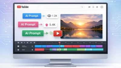 Computer screen showing YouTube interface with AI prompt templates for viral videos, floating text boxes, and upward trending arrows indicating viral growth