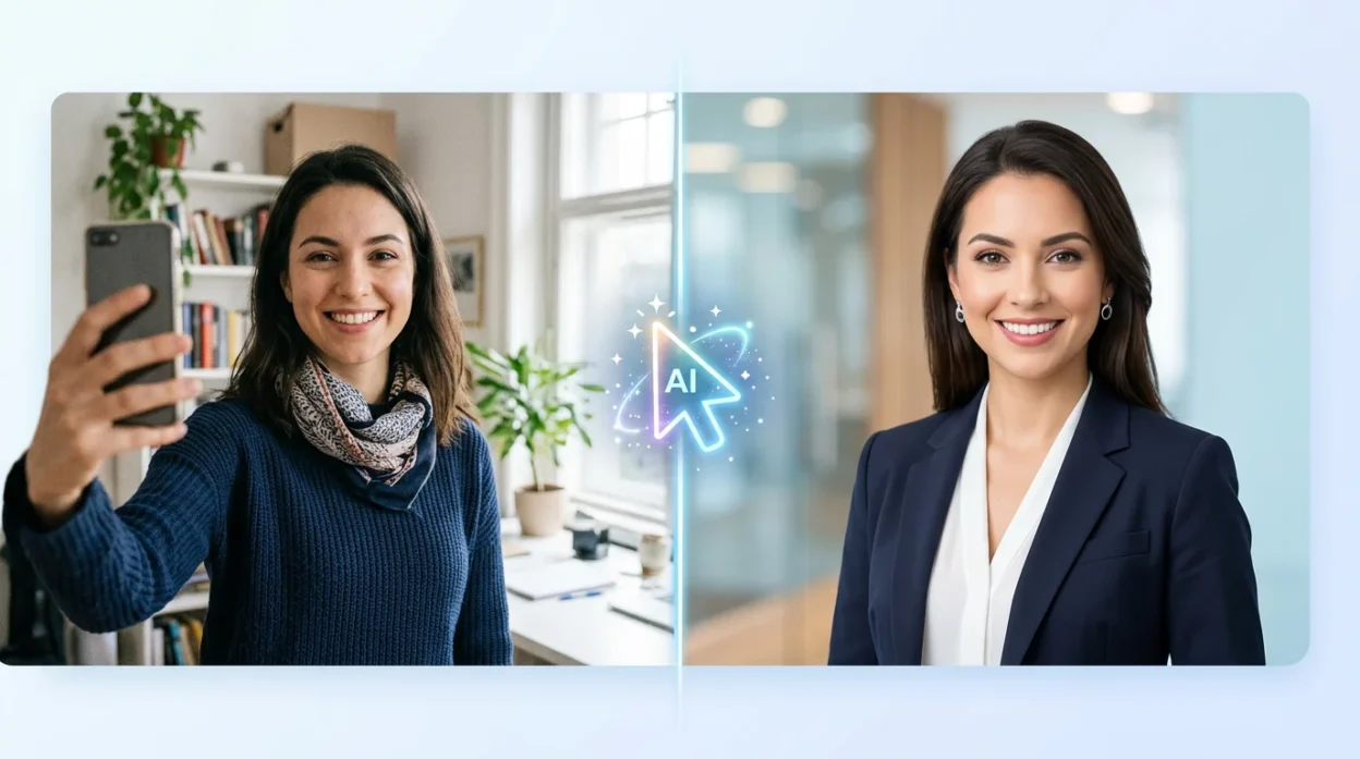 AI image prompt enhancement guide showing professional photography prompts for portrait editing, background replacement, lighting effects, and commercial headshot generation using artificial intelligence tools