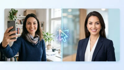 AI image prompt enhancement guide showing professional photography prompts for portrait editing, background replacement, lighting effects, and commercial headshot generation using artificial intelligence tools