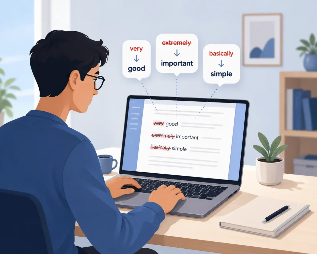 AI prompt to remove excessive adverbs from text shown as a flat illustration of a person editing a document on a laptop with crossed out filler words being replaced by stronger verbs