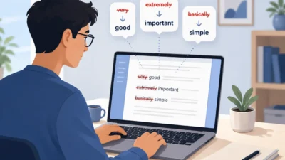 AI prompt to remove excessive adverbs from text shown as a flat illustration of a person editing a document on a laptop with crossed out filler words being replaced by stronger verbs