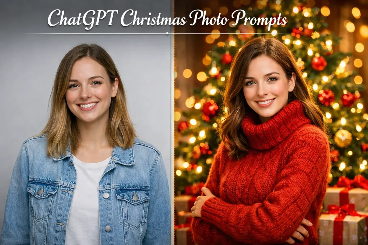 Christmas scene with decorated tree and text overlay advertising 50 plus free ChatGPT Christmas photo prompts and copy paste templates