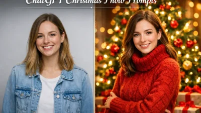 Christmas scene with decorated tree and text overlay advertising 50 plus free ChatGPT Christmas photo prompts and copy paste templates