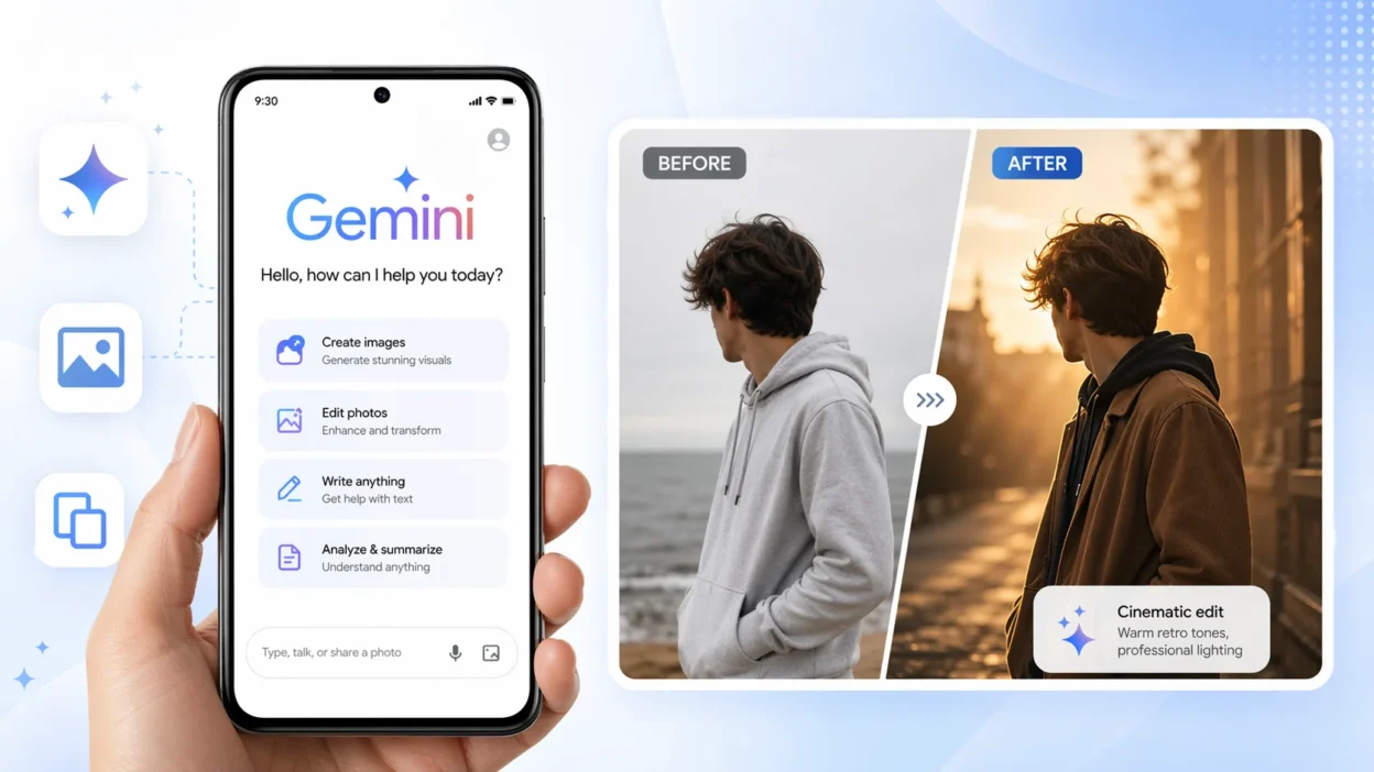 Google Gemini AI mobile app interface showing photo prompt copy paste feature with before and after comparison of trending boy portrait transformation from casual to cinematic retro style