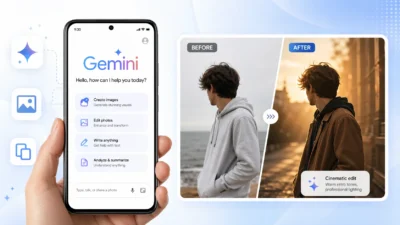 Google Gemini AI mobile app interface showing photo prompt copy paste feature with before and after comparison of trending boy portrait transformation from casual to cinematic retro style