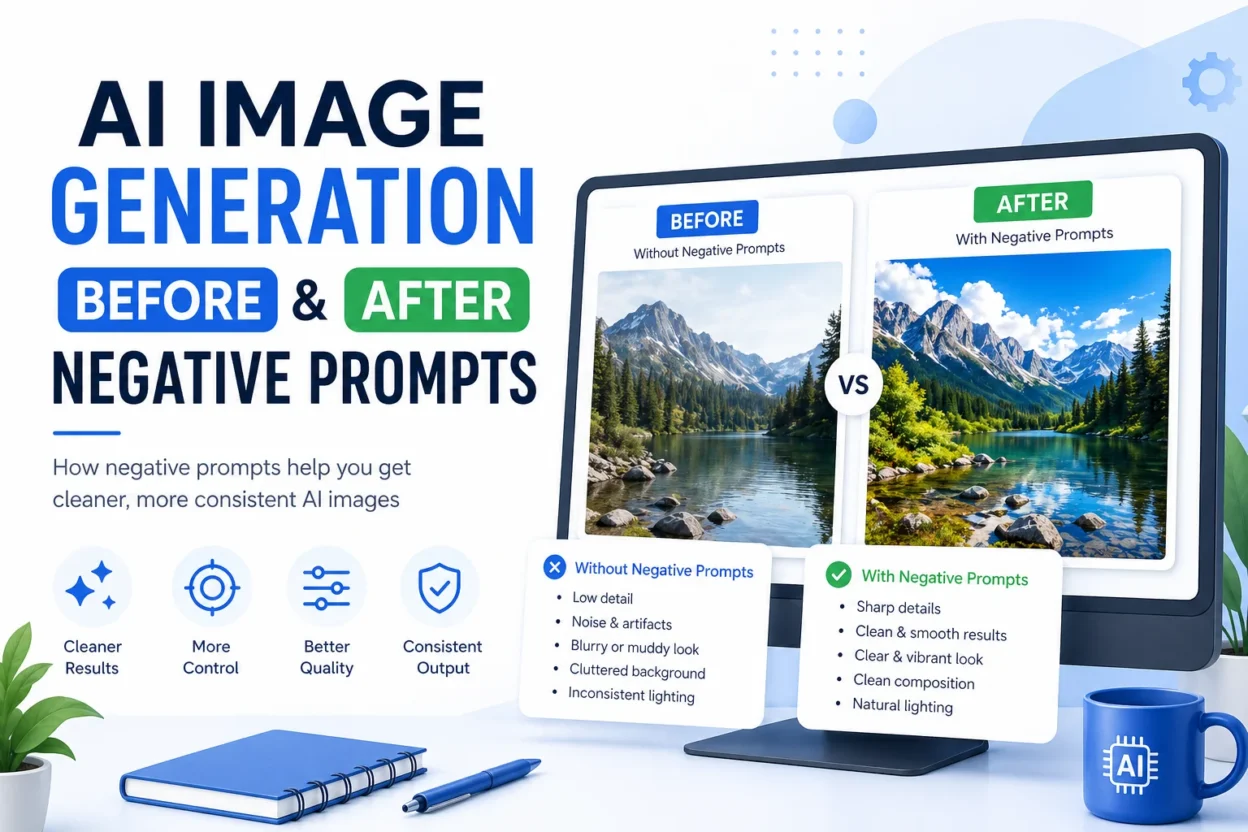 Before and after comparison of AI image generation showing improvement with negative prompts - left side shows distorted AI output, right side shows clean results
