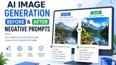 Before and after comparison of AI image generation showing improvement with negative prompts - left side shows distorted AI output, right side shows clean results